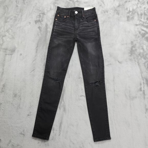 NEW American Eagle Jeans Womens 00 Black Distressed High Rise Jegging The Lu(X)e - Picture 1 of 16
